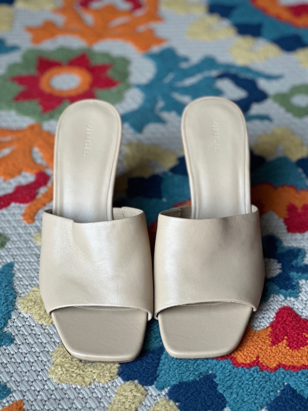Vince Pia Leather Slide Wedge Sandals Beige Nude Square Toe Size 10M
